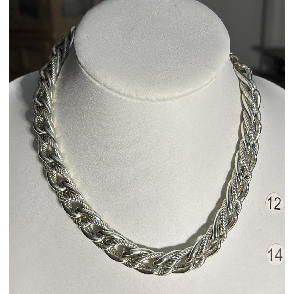 Silver Tone Braided Chain Necklace Textured Rope Links Hook Clasp Statement